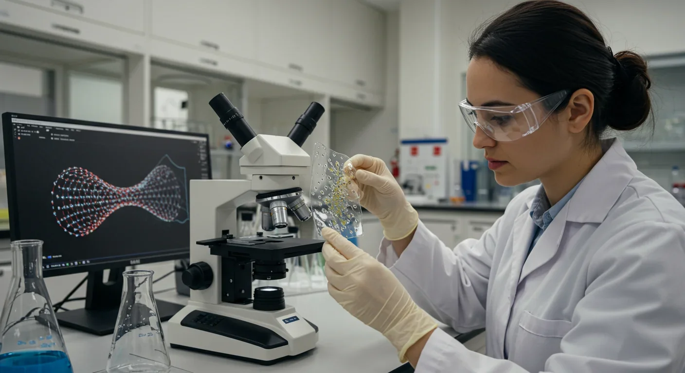 Materials scientist examining synthetic gecko-inspired adhesive in research laboratory
