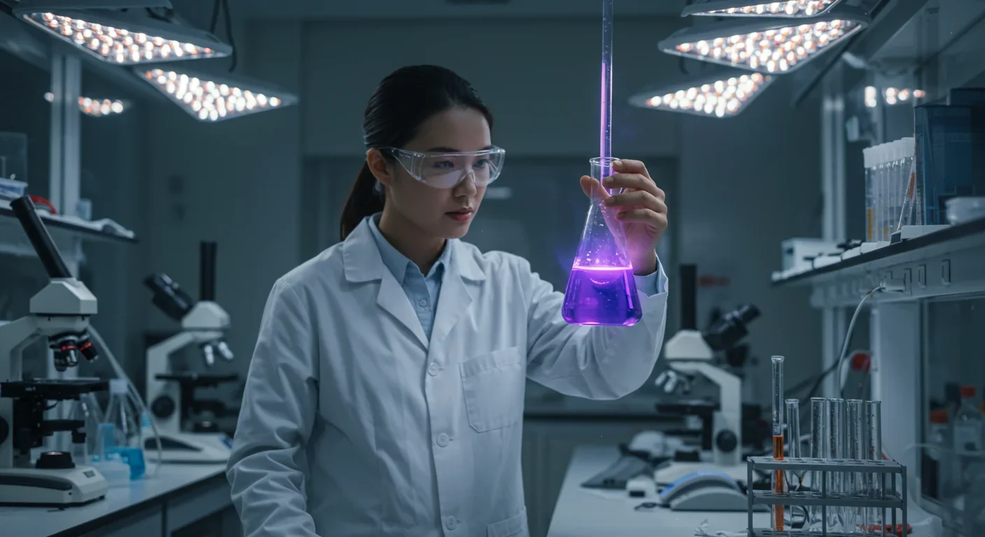 Laboratory scientist working with pink-purple halophilic archaea cultures in petri dishes
