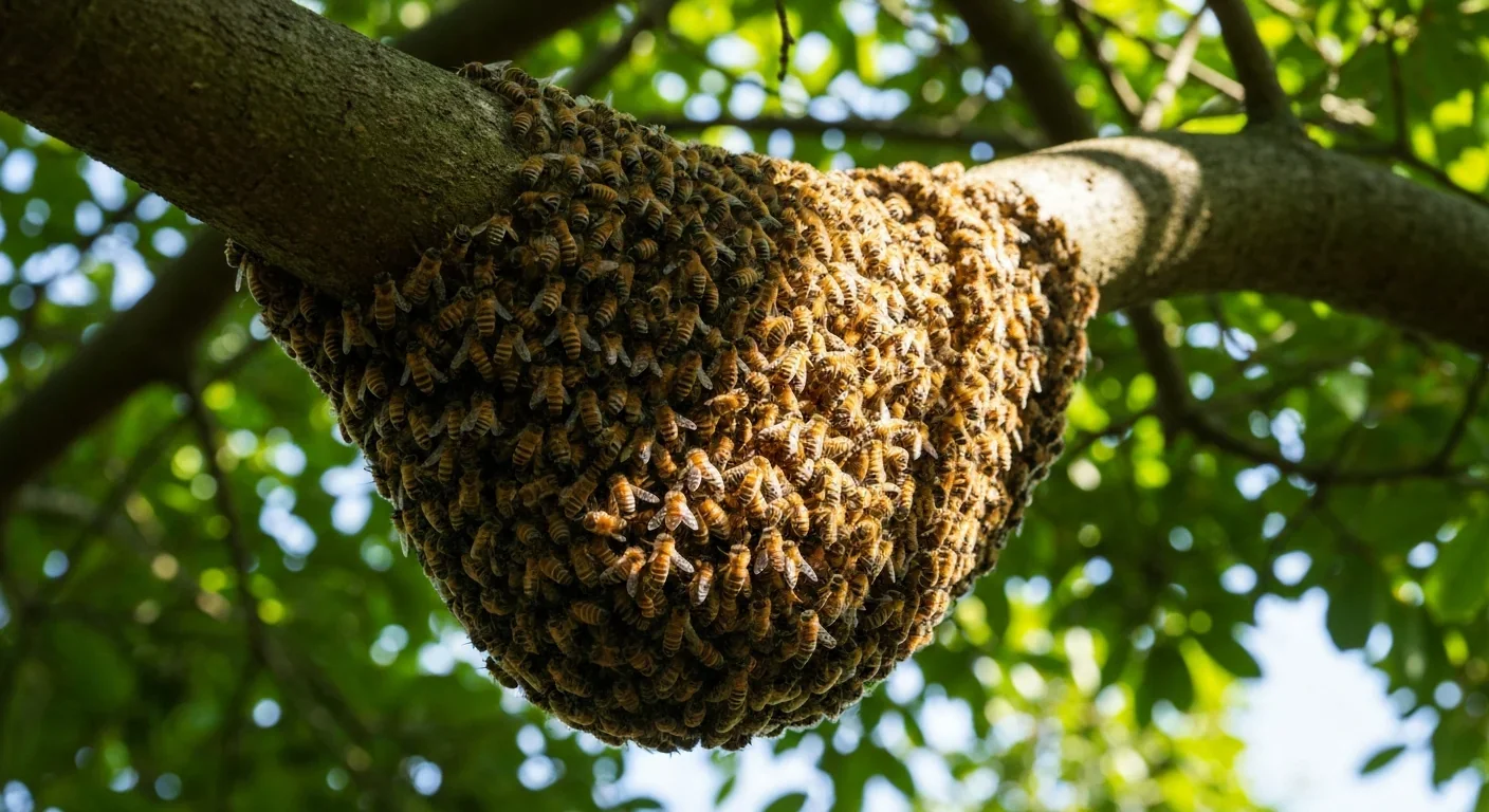 A dense cluster of thousands of honeybees hanging from a tree branch during the swarming process
