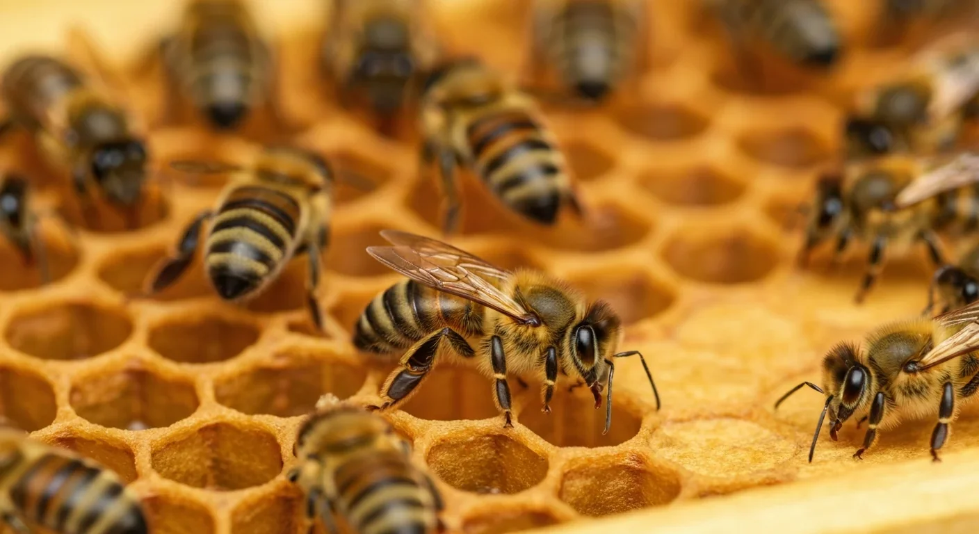 A scout honeybee performing the waggle dance on honeycomb while surrounded by attentive nestmates
