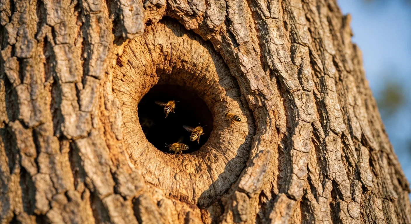 Honeybees flying near a natural tree cavity entrance that could serve as a new nest site