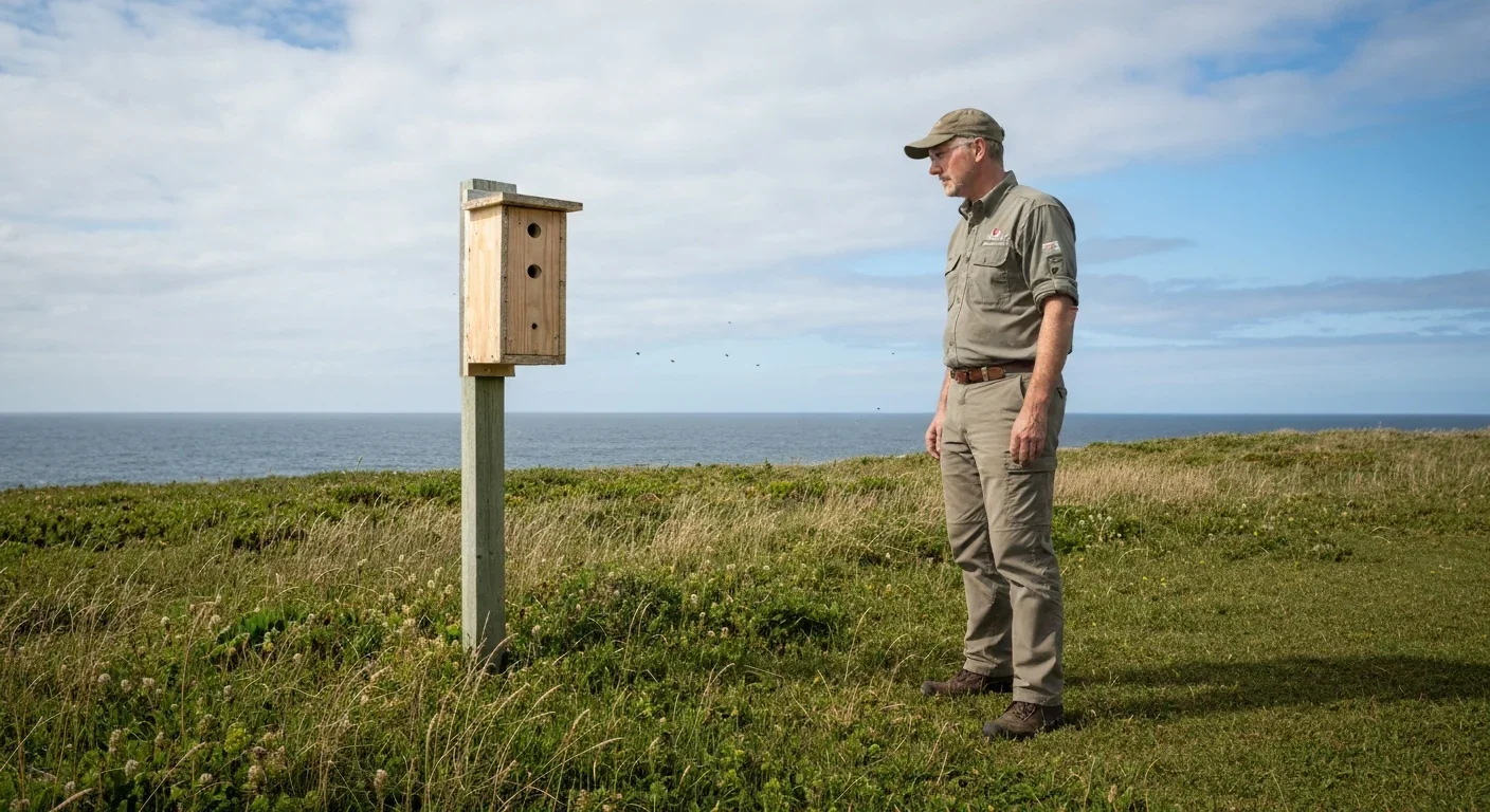 A researcher observes an experimental bee nest box on a coastal island research site