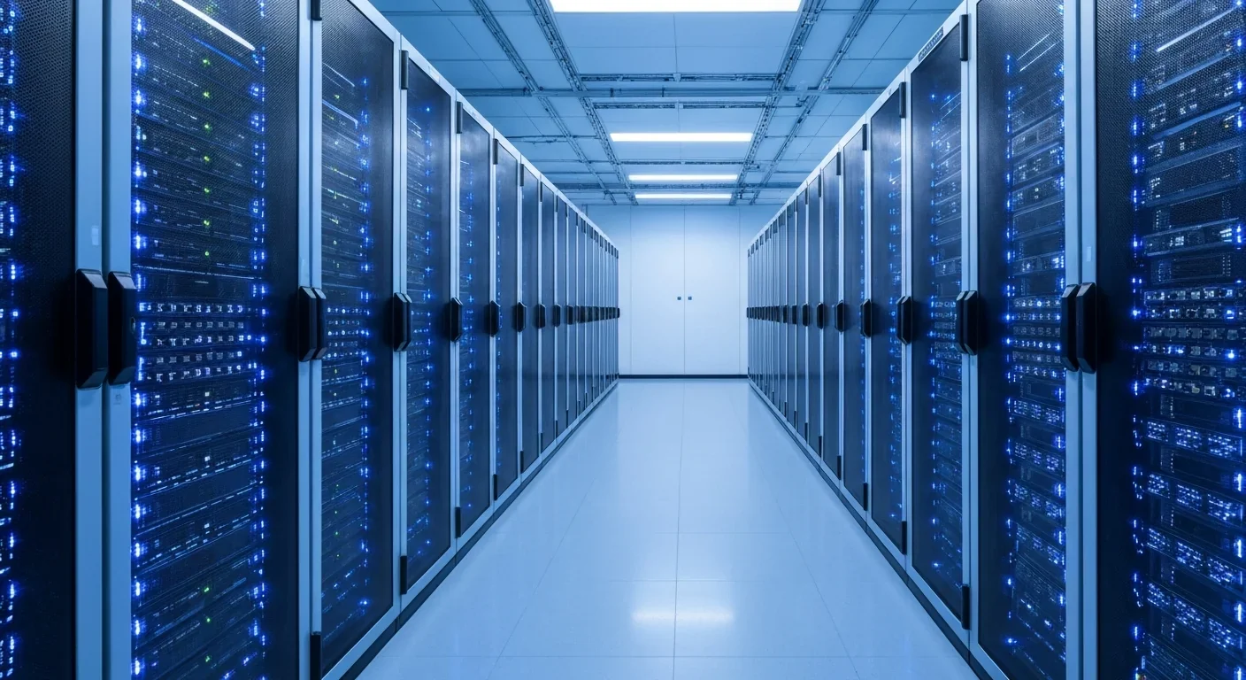 A modern data center server room where bee-inspired algorithms help optimize resource allocation