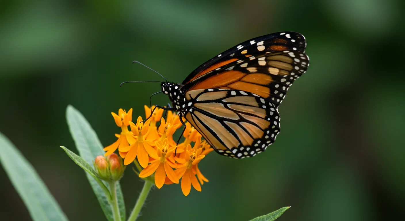 Monarch butterfly on milkweed showing antennae used for navigation
