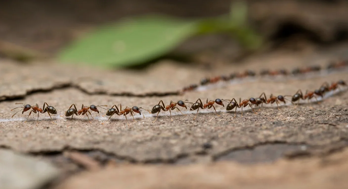 Worker ants following a pheromone trail in natural environment