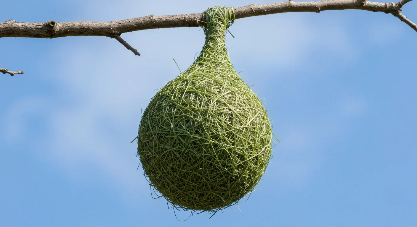Intricately woven weaverbird nest hanging from branch tip
