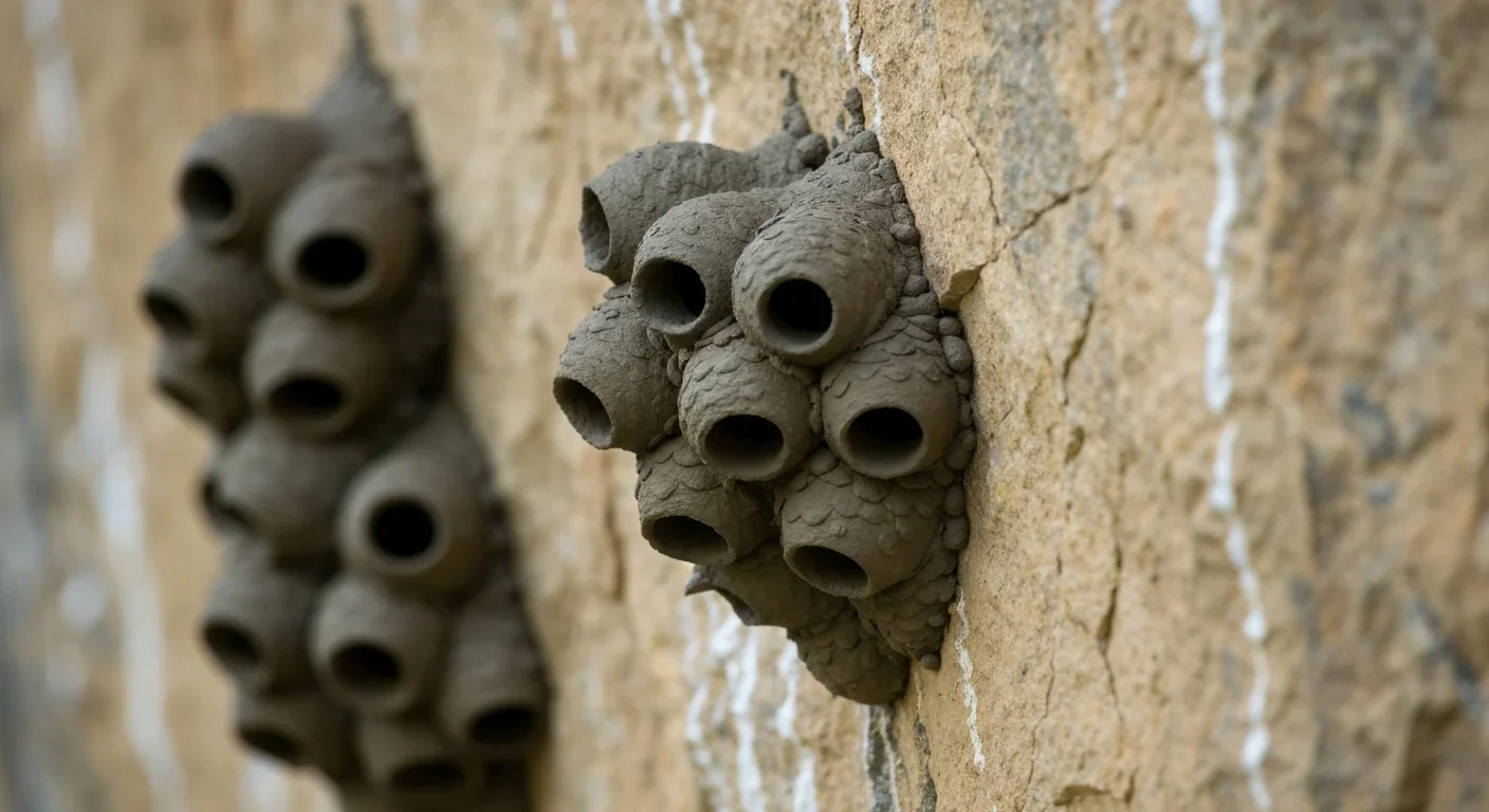 Cluster of cliff swallow mud nests on vertical cliff face