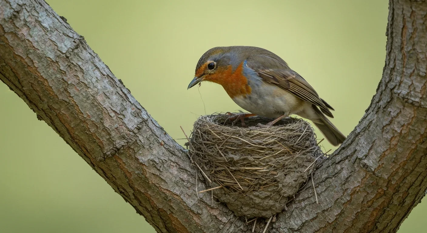 Robin building cup-shaped nest in tree fork using twigs and mud
