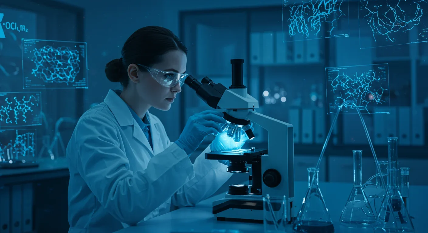 Researcher examining cryptochrome protein sample under blue light in laboratory studying avian magnetoreception mechanisms