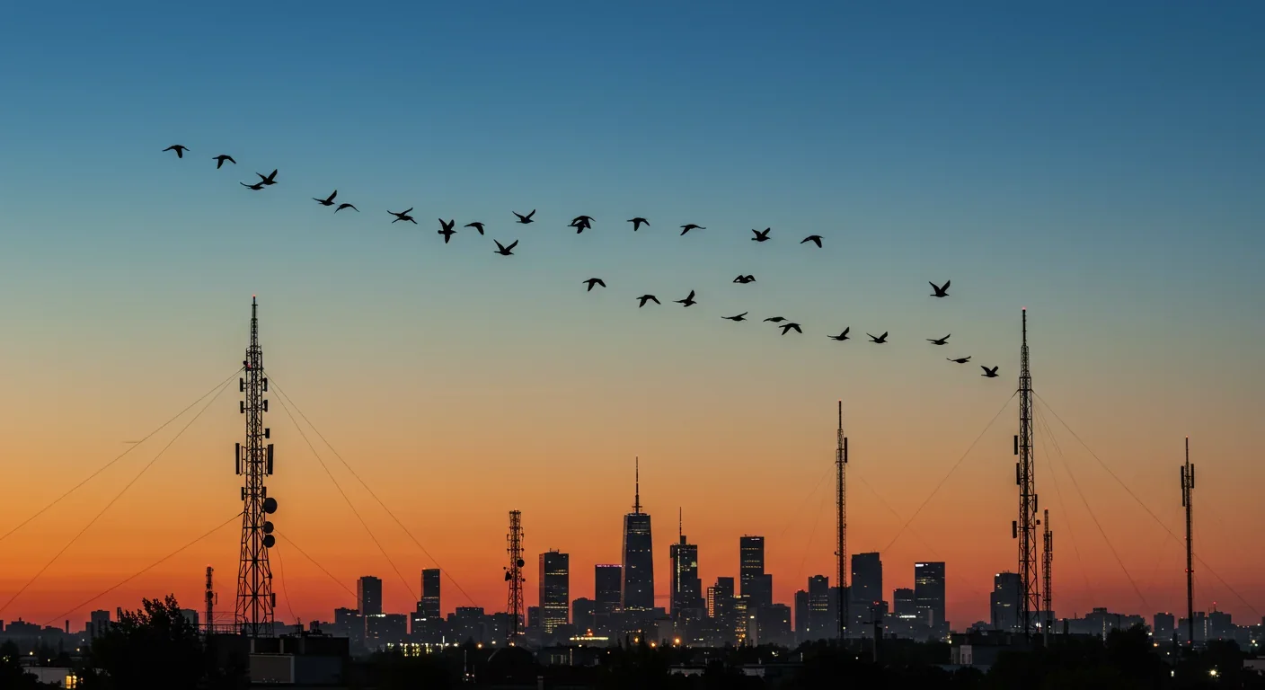Migratory birds flying over urban landscape with electromagnetic infrastructure representing navigation challenges from electrosmog
