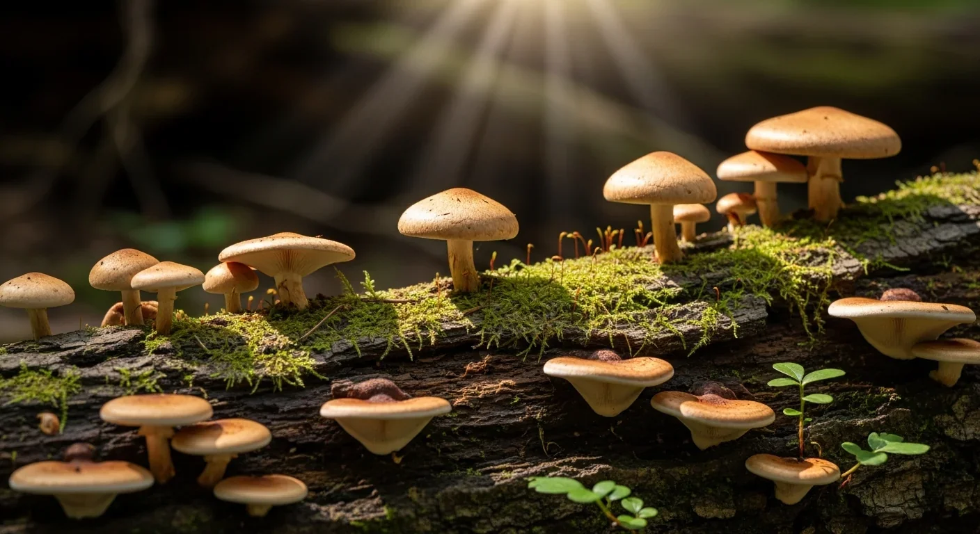 Diverse mushroom species growing on forest log, all oriented toward light