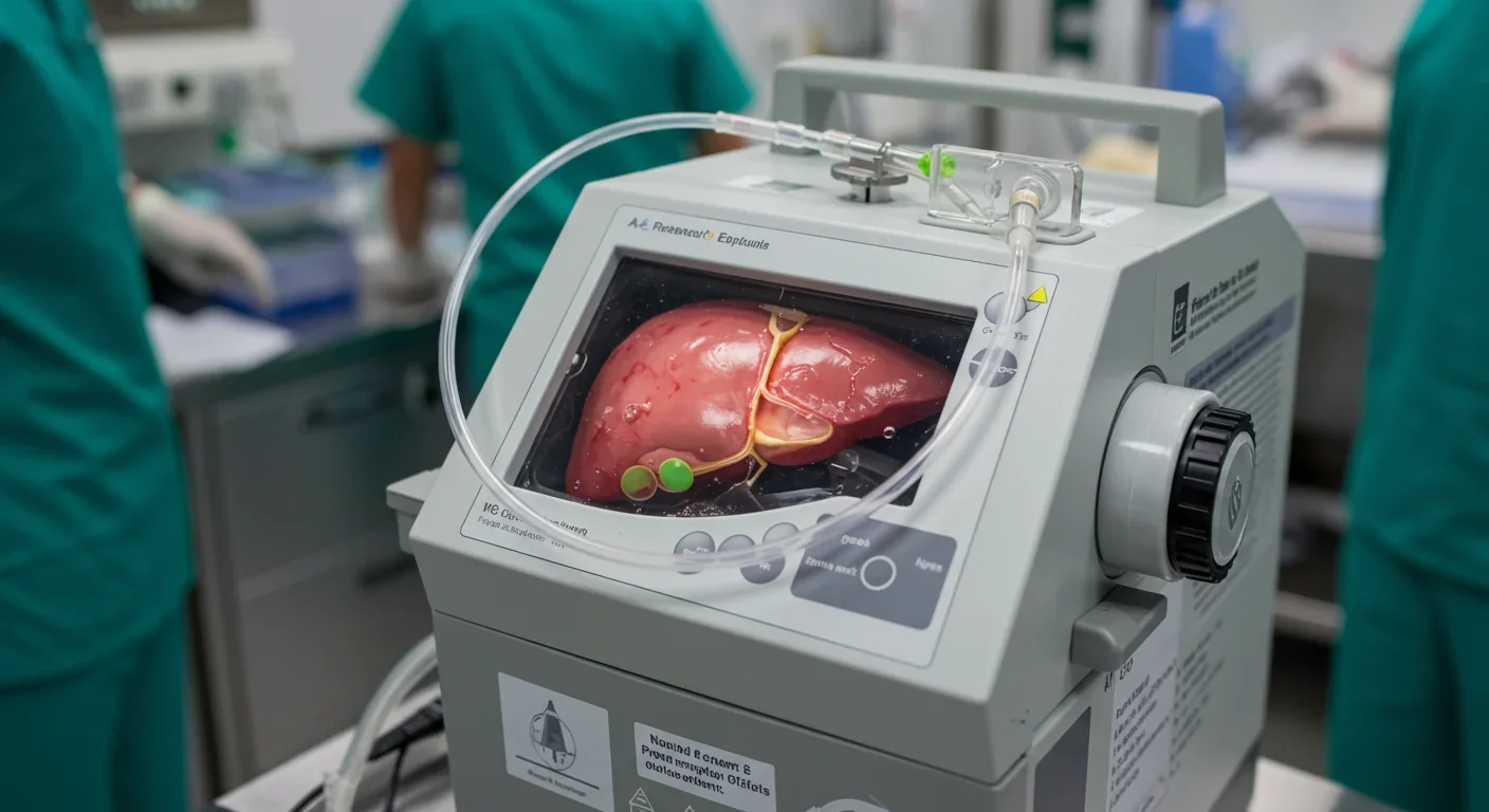 Hypothermic oxygenated perfusion machine circulating preservation solution through donor liver in transplant facility