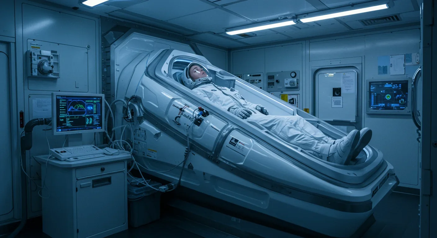 Astronaut resting in hibernation pod aboard spacecraft with life support monitoring systems for long-duration Mars mission