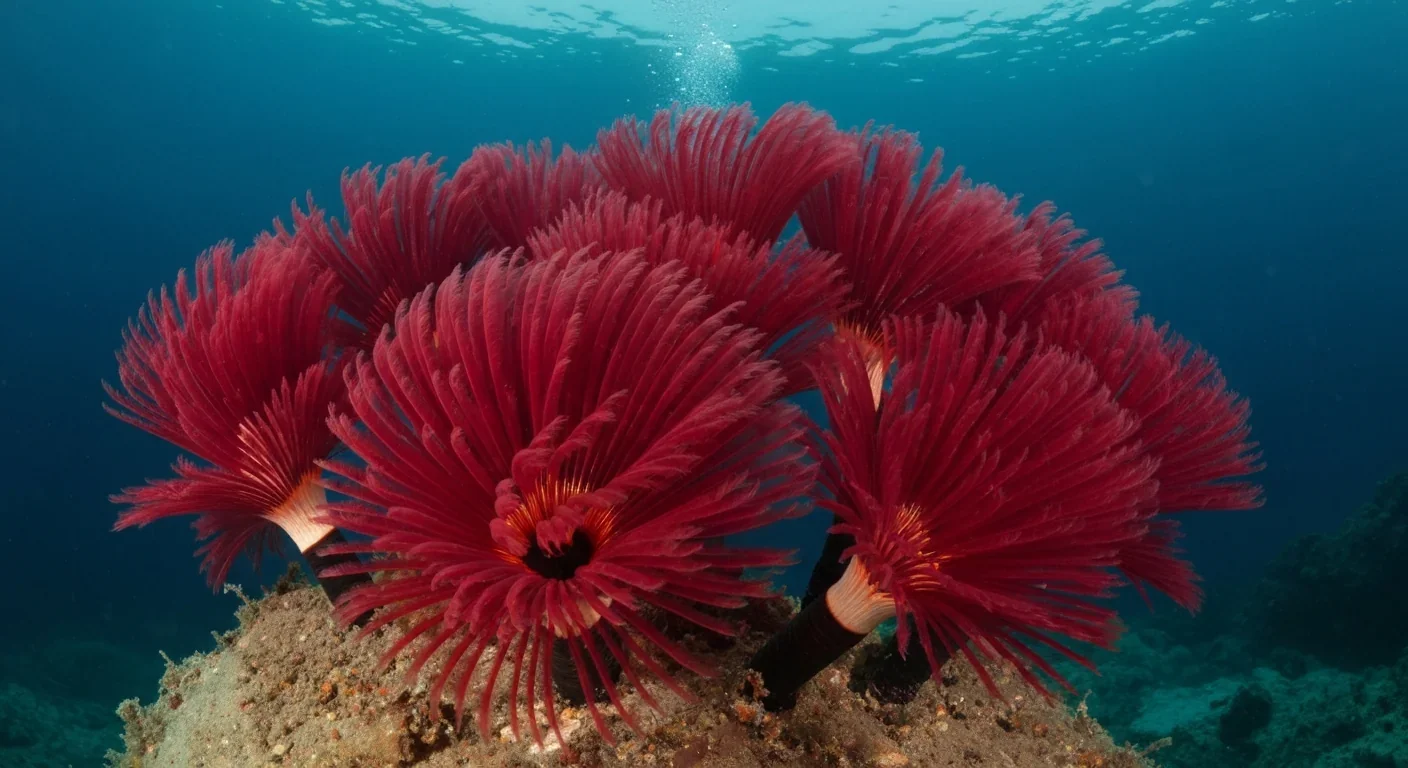 Giant tube worms with extended crimson plumes at a hydrothermal vent