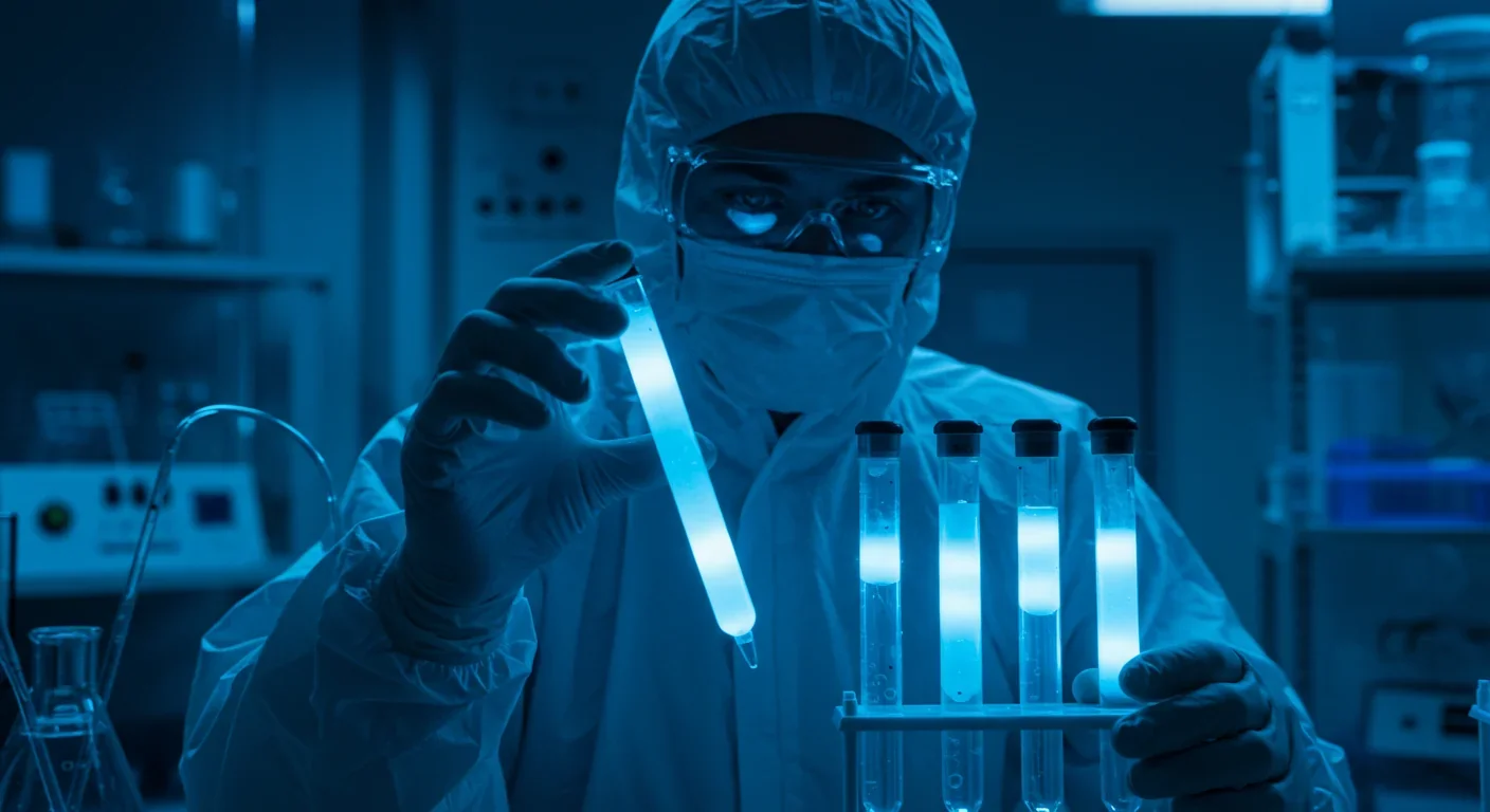 Scientist examining radioactive samples emitting blue Cherenkov radiation in a nuclear research laboratory
