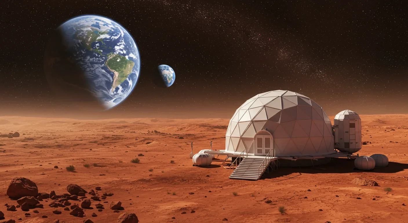 Artist's rendering of a human habitat dome on the surface of Mars with Earth visible in the sky