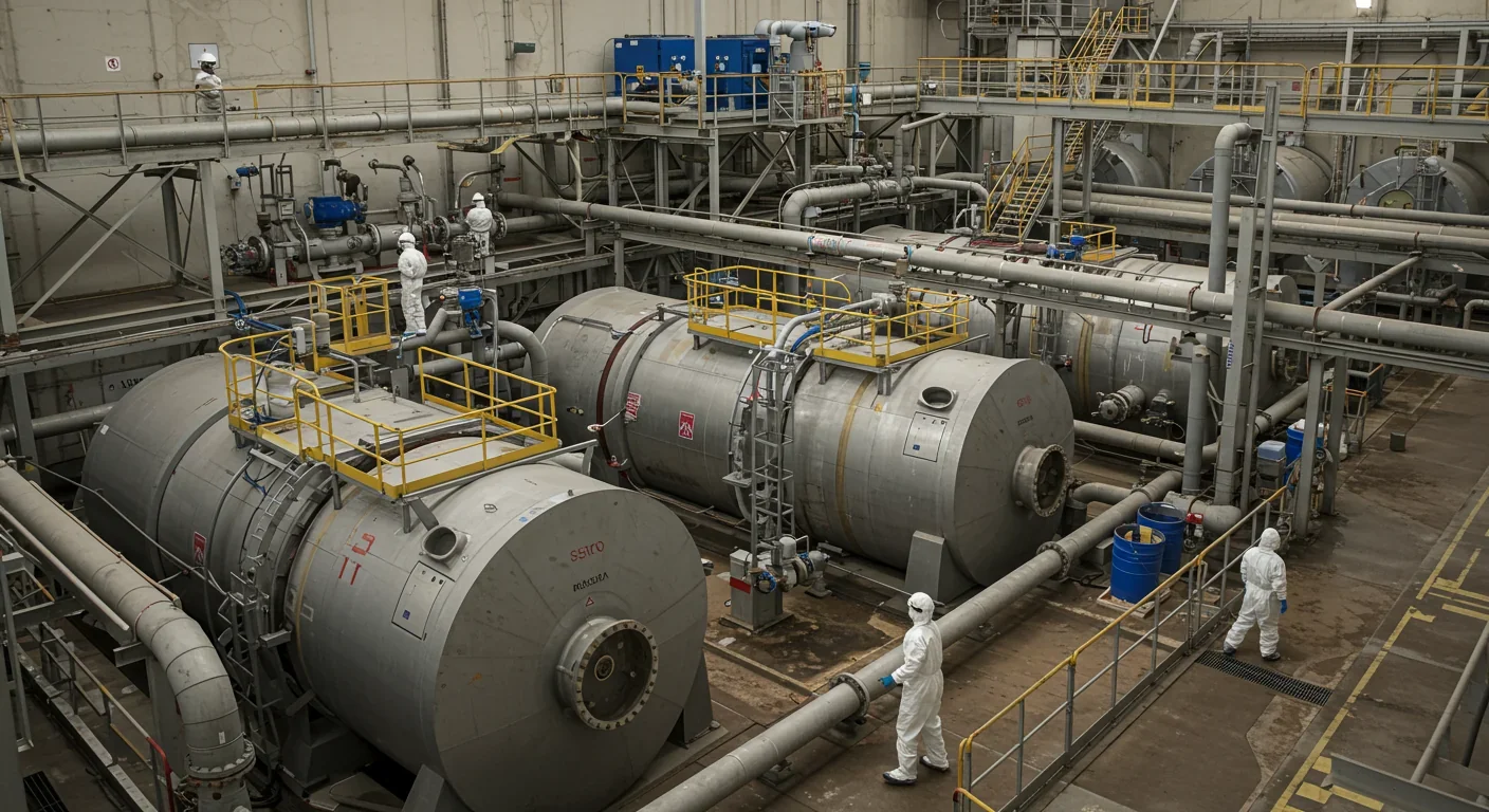 Industrial nuclear waste storage facility showing large tanks where bioremediation bacteria could be deployed for cleanup