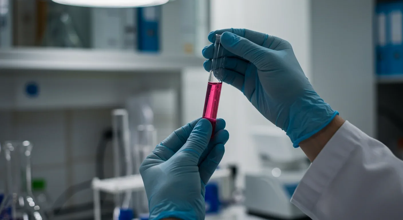 Scientist holding a test tube containing pink-colored Deinococcus radiodurans bacterial culture in a laboratory