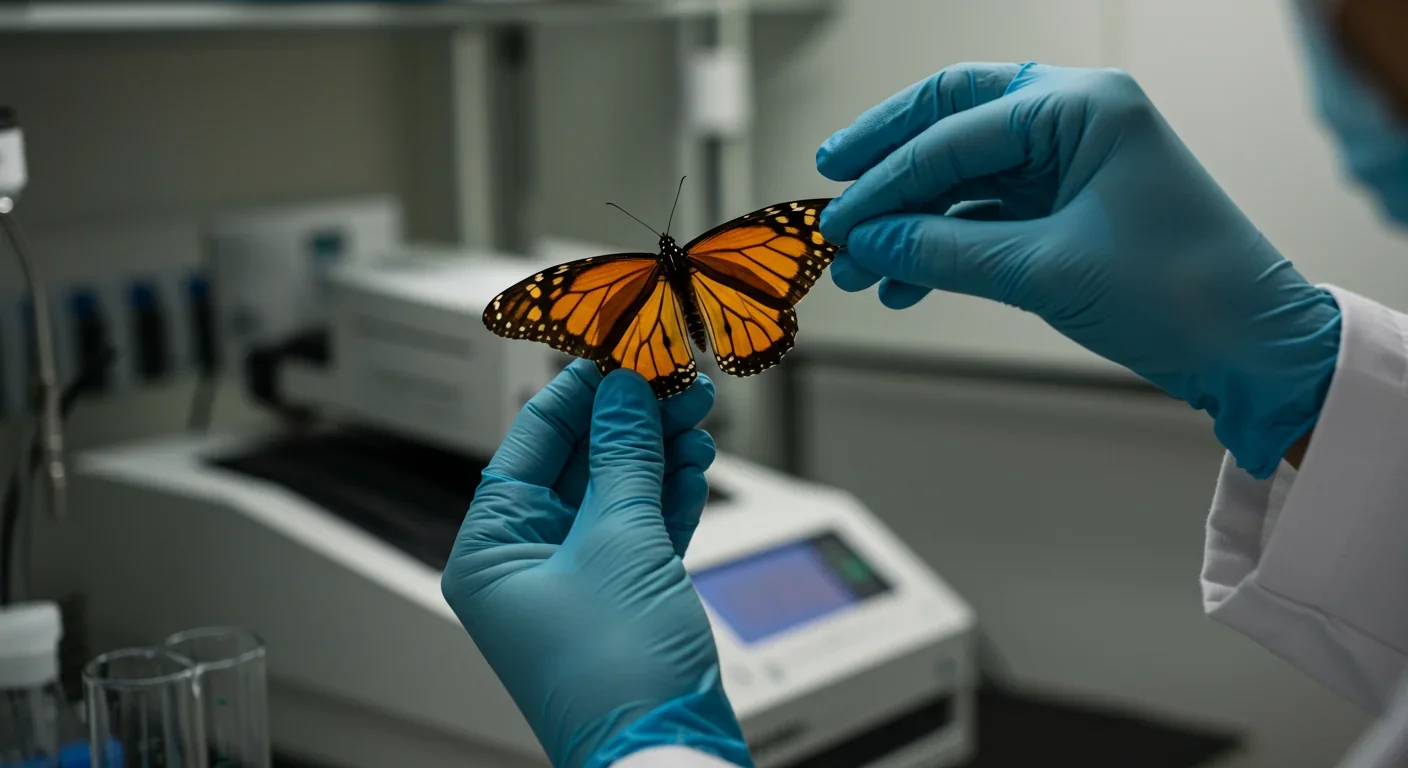 Researcher examining monarch butterfly in genetics laboratory with sequencing equipment