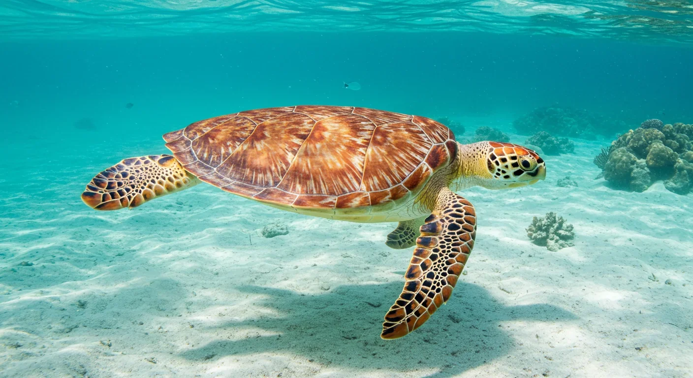 Loggerhead sea turtle swimming in clear ocean water near sandy bottom
