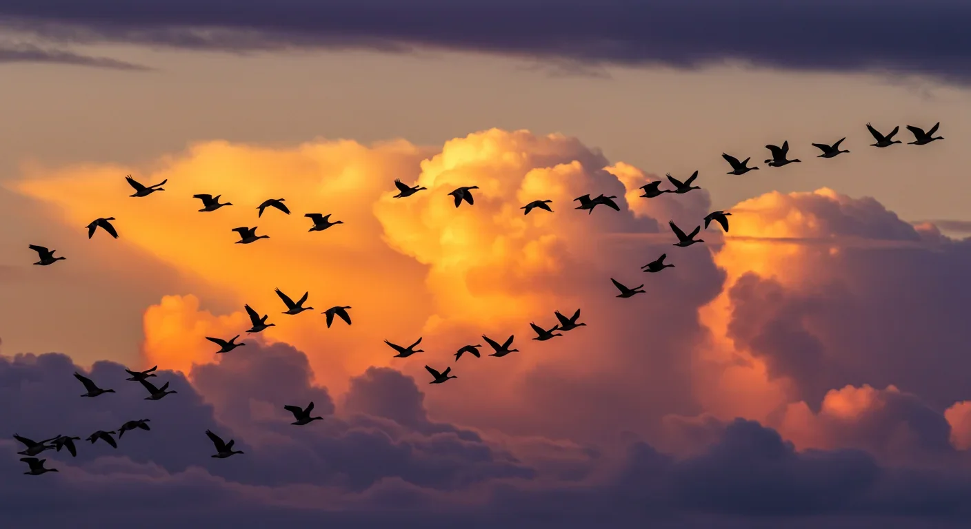 Flock of geese flying in V-formation during migration at sunset
