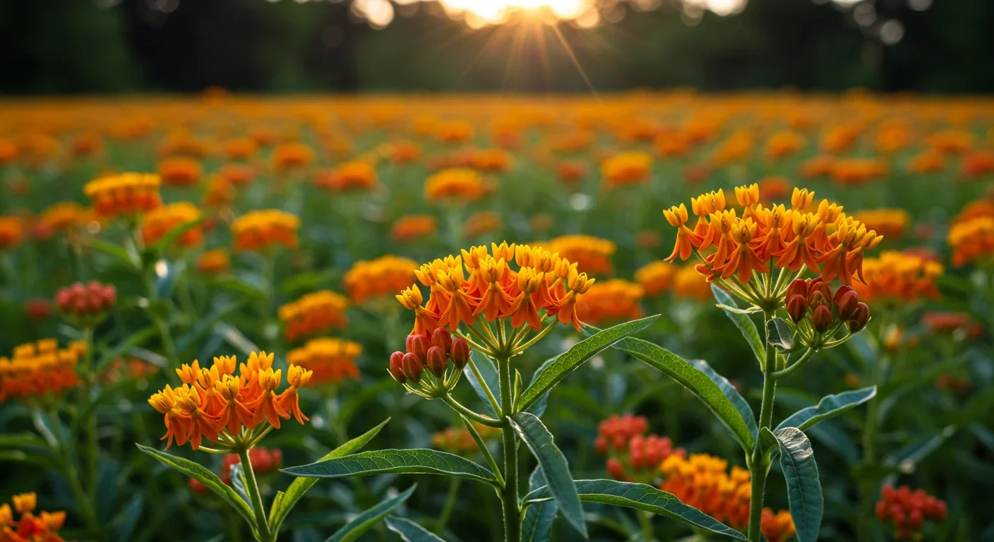 Blooming milkweed flowers in natural meadow habitat essential for monarch butterflies