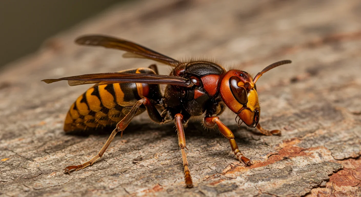 Asian giant hornet on tree bark displaying characteristic size and coloration