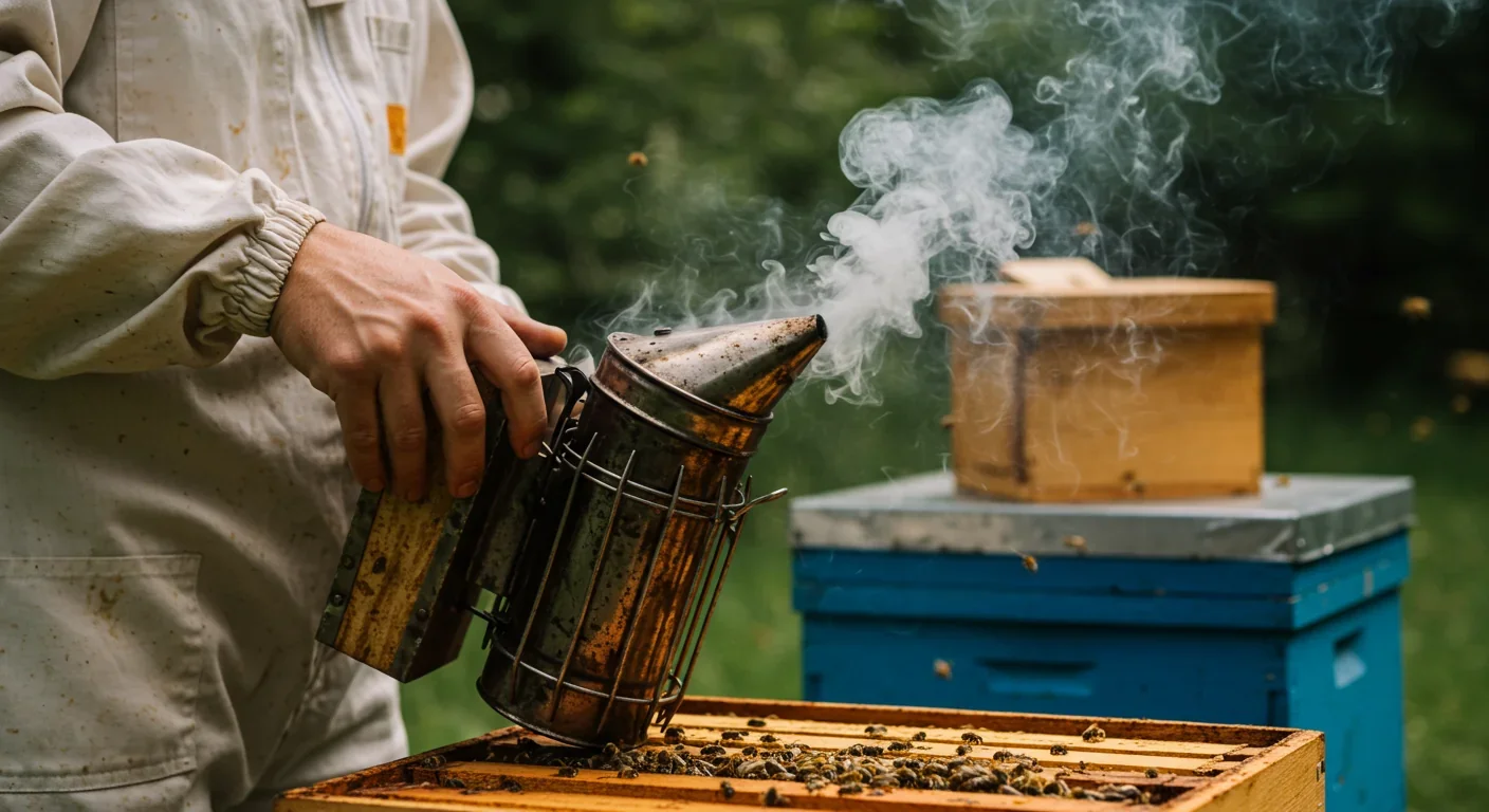 Beekeeper using smoker to mask alarm pheromones during hive inspection