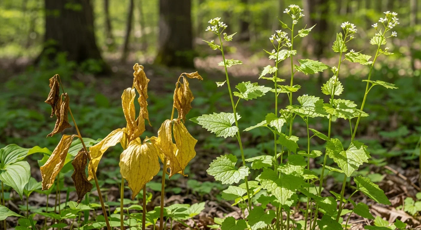 Garlic mustard plant growing in forest with stressed native plants nearby