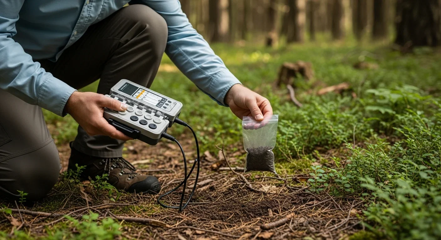 Scientist testing soil for allelopathic chemicals in invaded forest