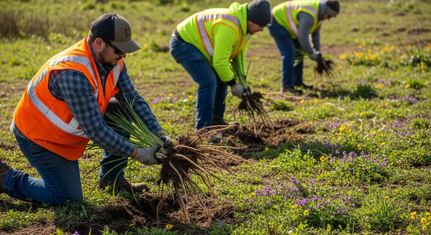 Conservation workers removing invasive plants to restore native ecosystem