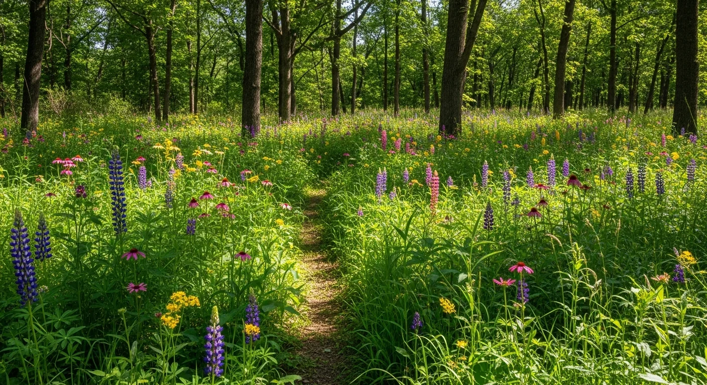 Restored forest floor with diverse native plants thriving after invasive removal
