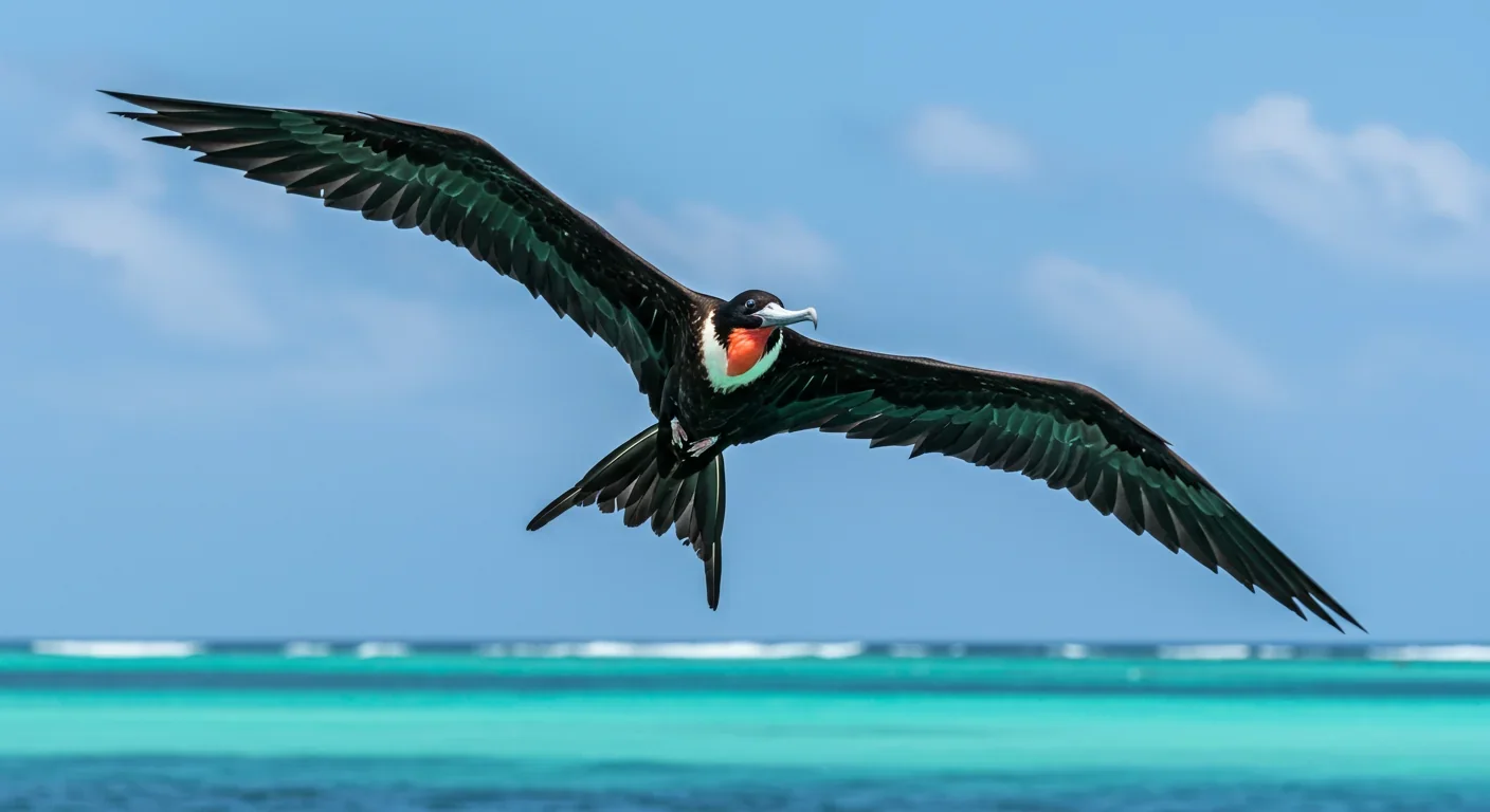 Great frigatebird soaring with massive wingspan over tropical ocean, displaying its characteristic forked tail