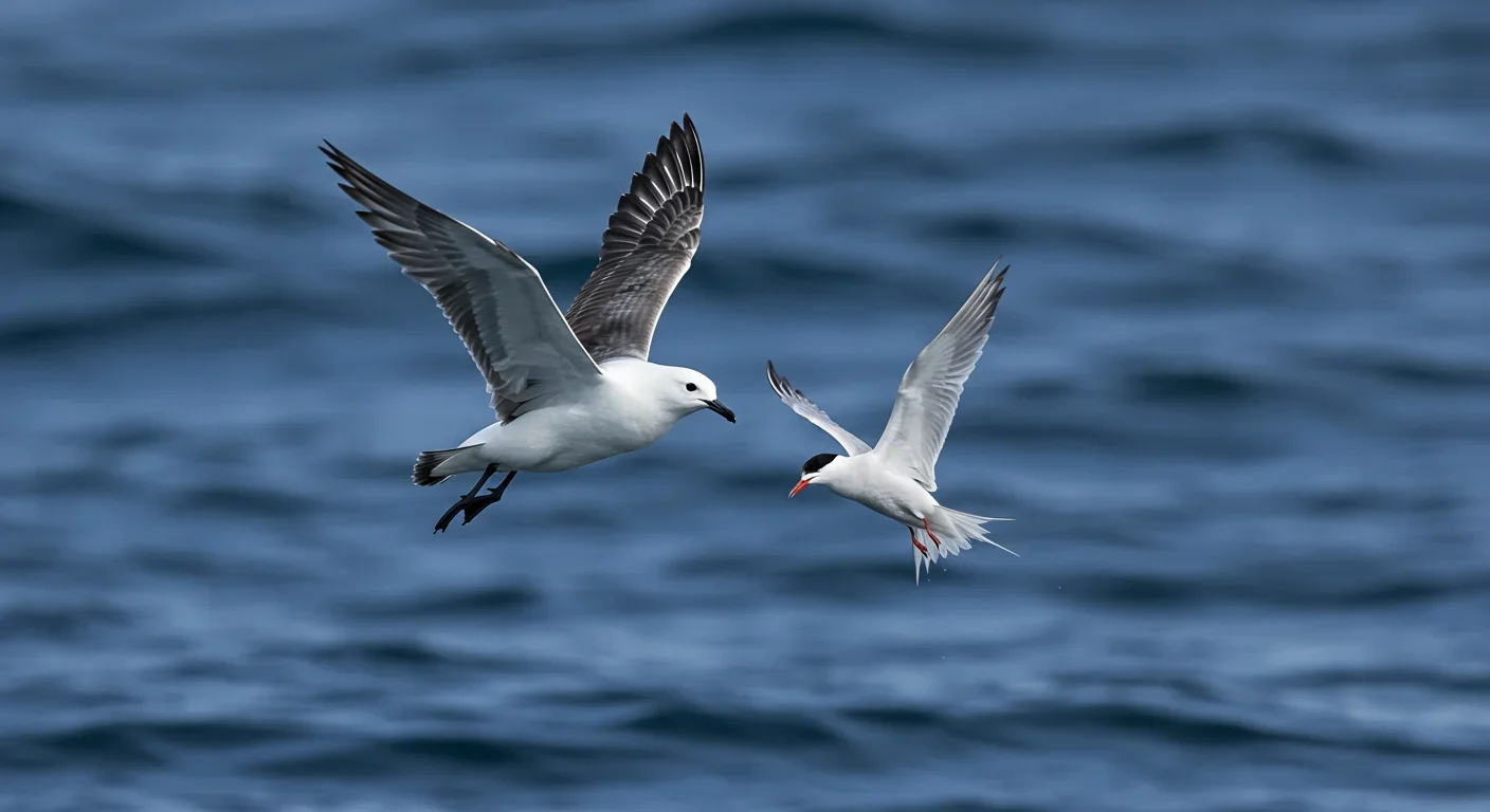 Arctic Skua pursuing a tern in flight, demonstrating the aerial harassment tactics used to force victims to drop their catch