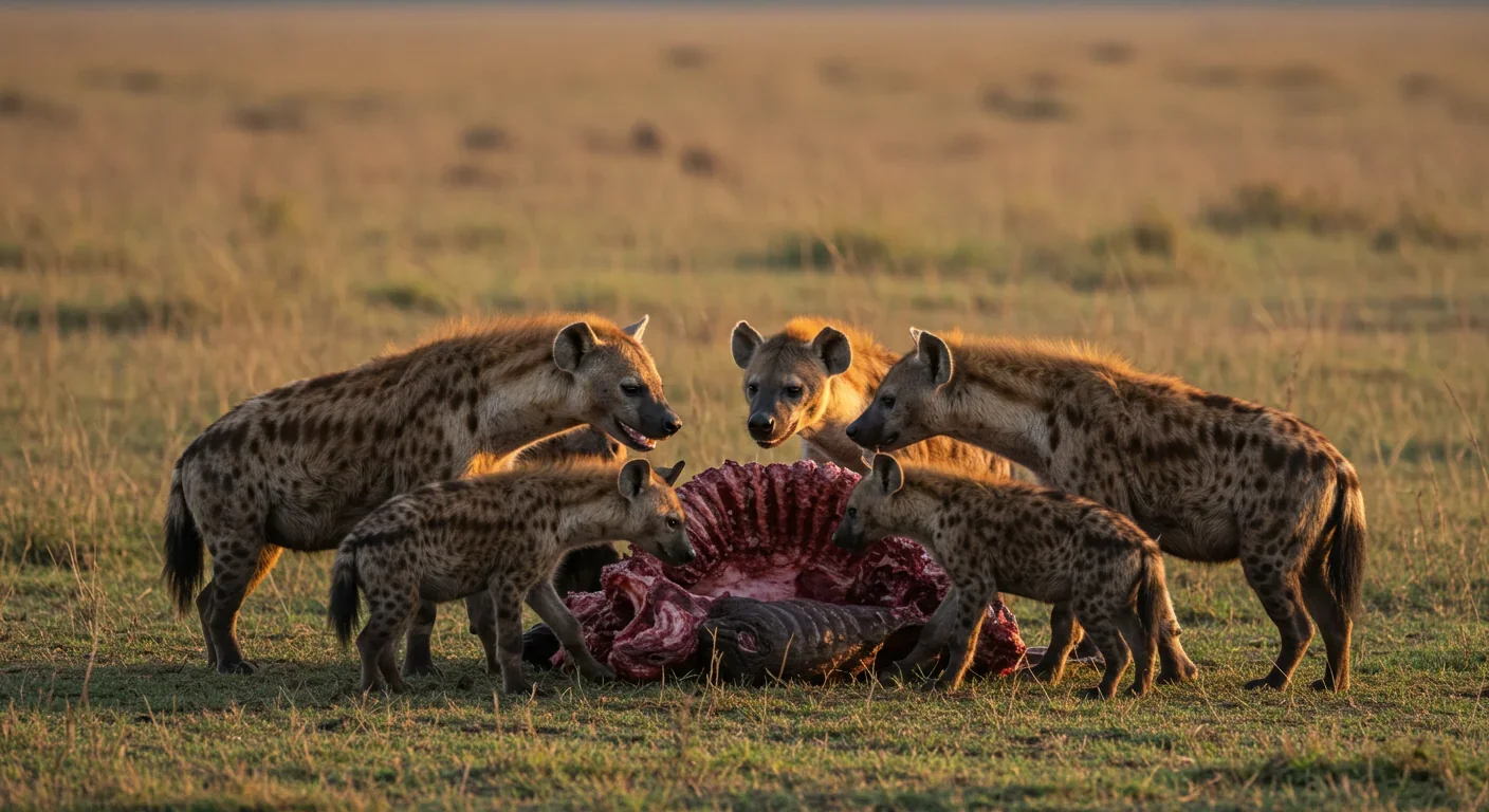 Clan of spotted hyenas gathered around a kill on the African savanna, illustrating their facultative kleptoparasitic strategy