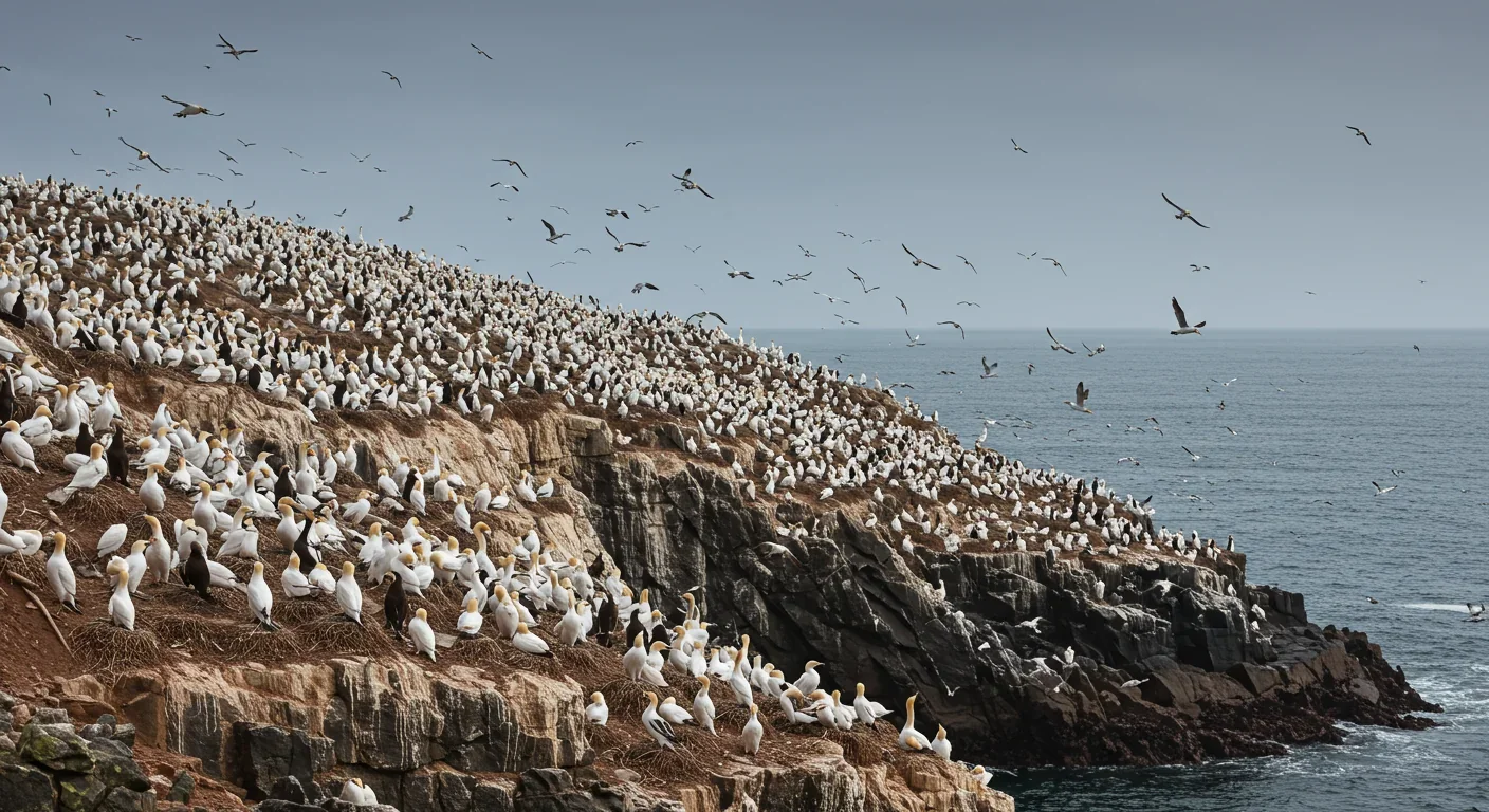 Dense seabird colony on coastal cliffs with numerous birds in flight, the ideal environment for kleptoparasitic species