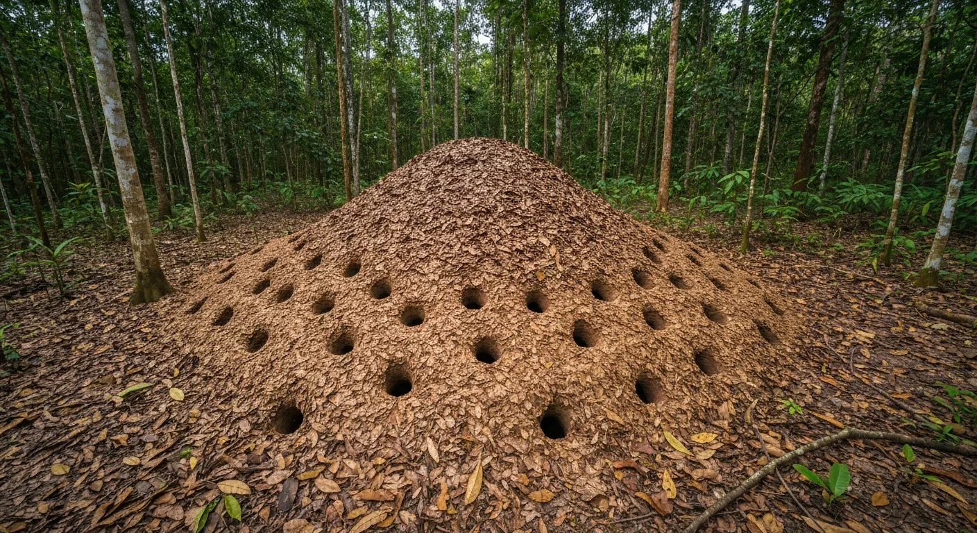 Large leafcutter ant colony mound showing multiple entrance holes in cleared forest area