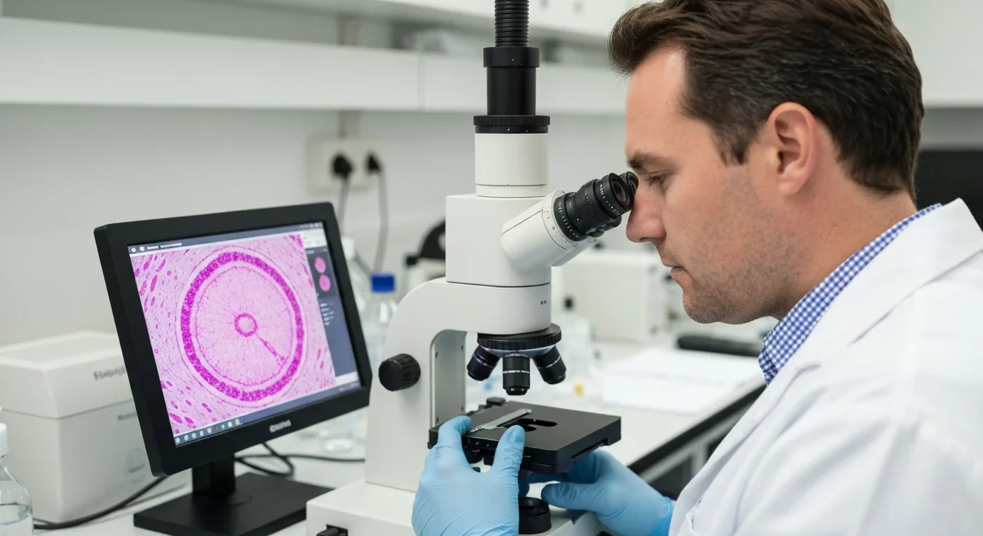 Scientist examining root nodule tissue under microscope