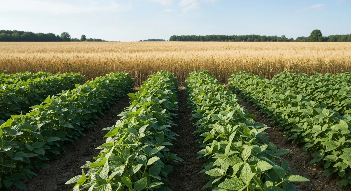Crop rotation showing soybeans and wheat planted in alternating fields