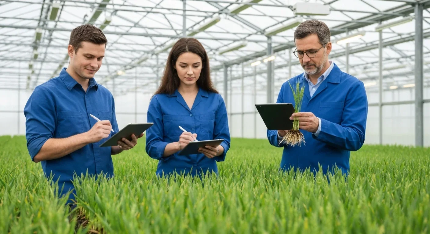Researchers examining experimental wheat plants engineered for nitrogen fixation