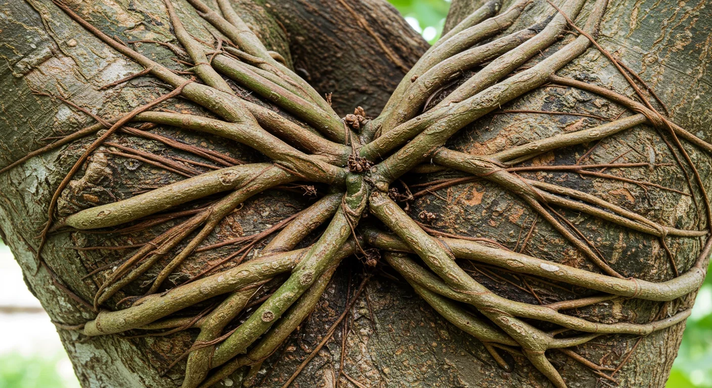 Close-up of Ficus elastica aerial roots fusing together through natural inosculation process