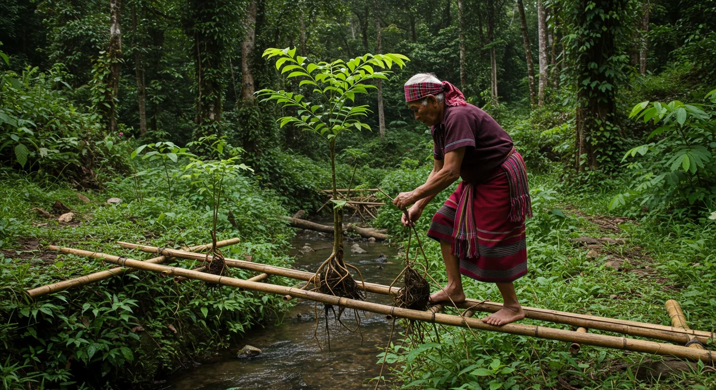 Khasi elder training young rubber fig roots along bamboo scaffold to grow across stream