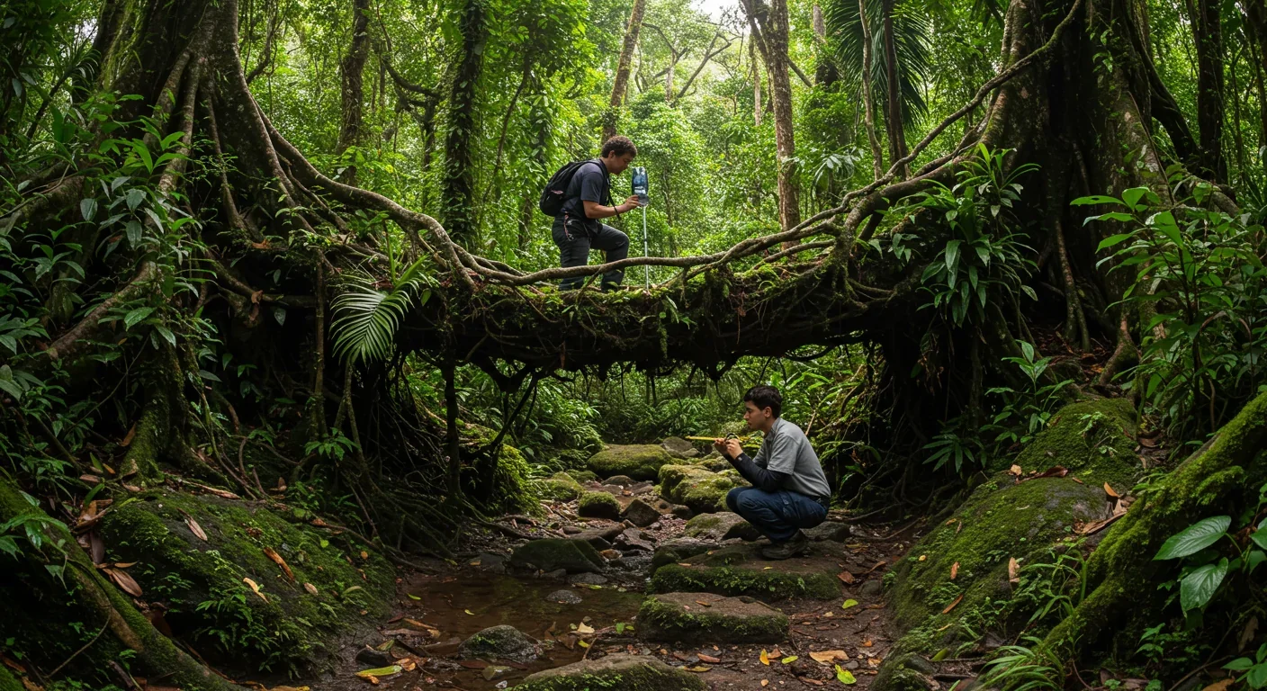 Researchers documenting structural properties of living root bridge for biomimicry applications