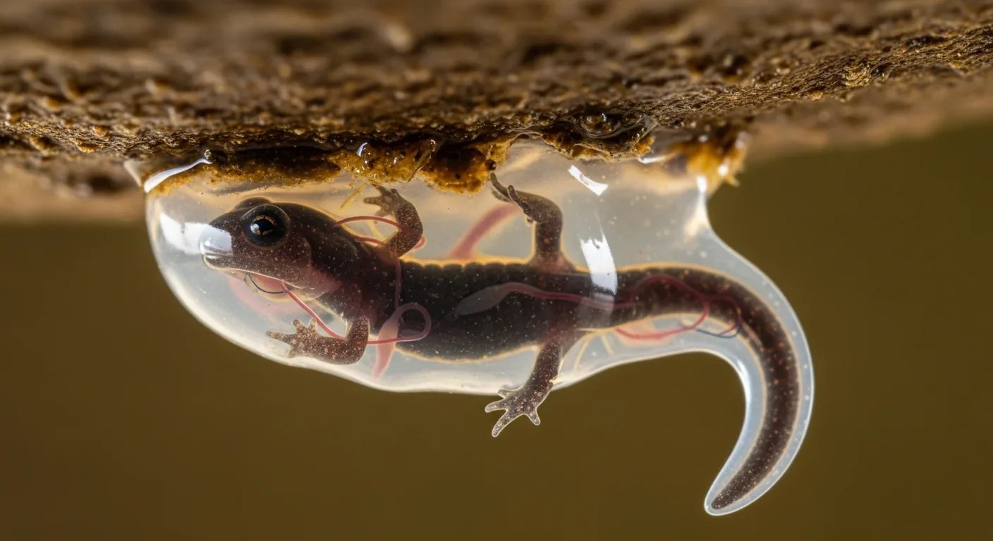 Developing salamander embryo inside translucent egg showing vestigial lung buds