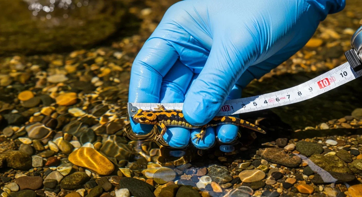 Scientist carefully examining small spotted salamander during field research