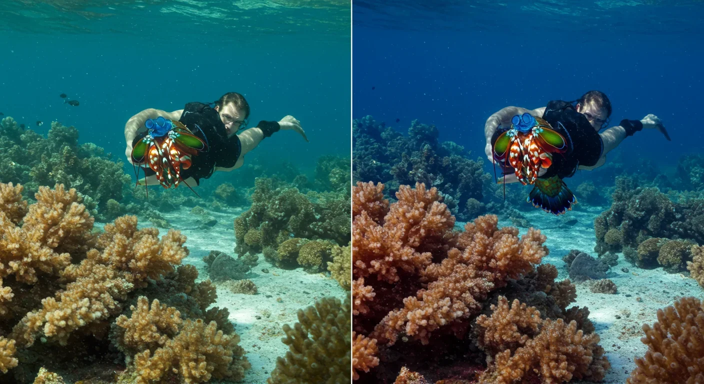 Side-by-side comparison of coral reef as seen by human eyes versus simulated mantis shrimp hyperspectral and polarization vision