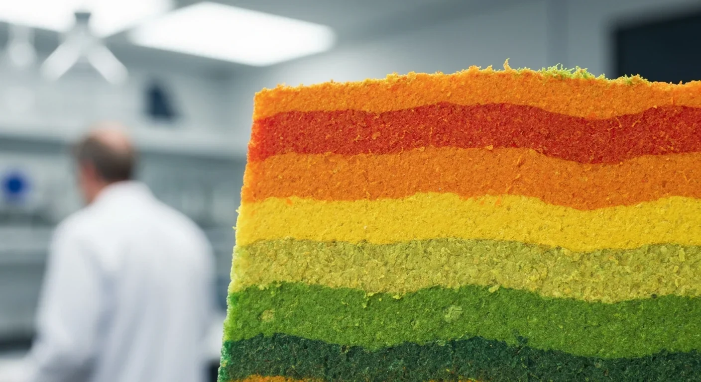 Detailed cross-section of stratified microbial biofilm showing cooperative layers of different species