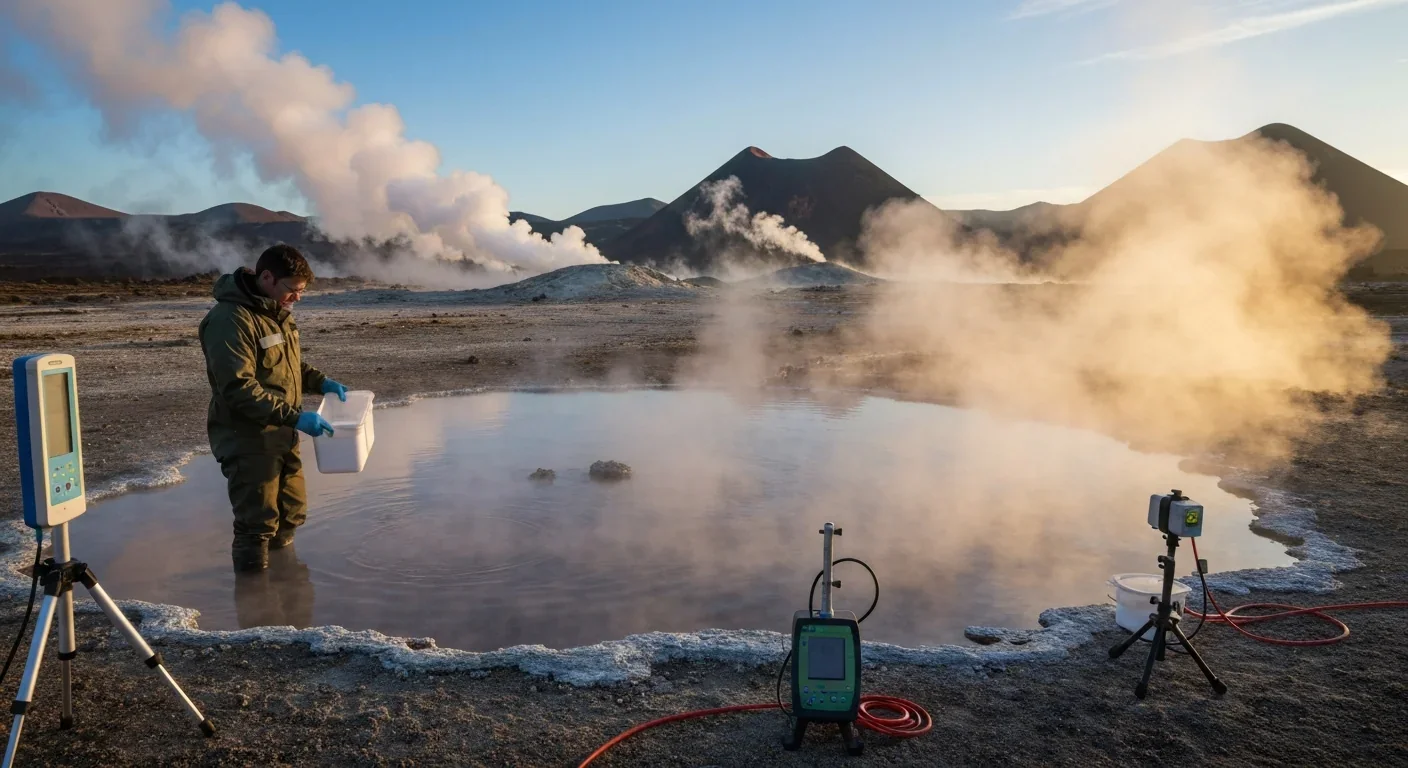 Scientists collecting microbial samples from extreme acidic hot spring environment for research