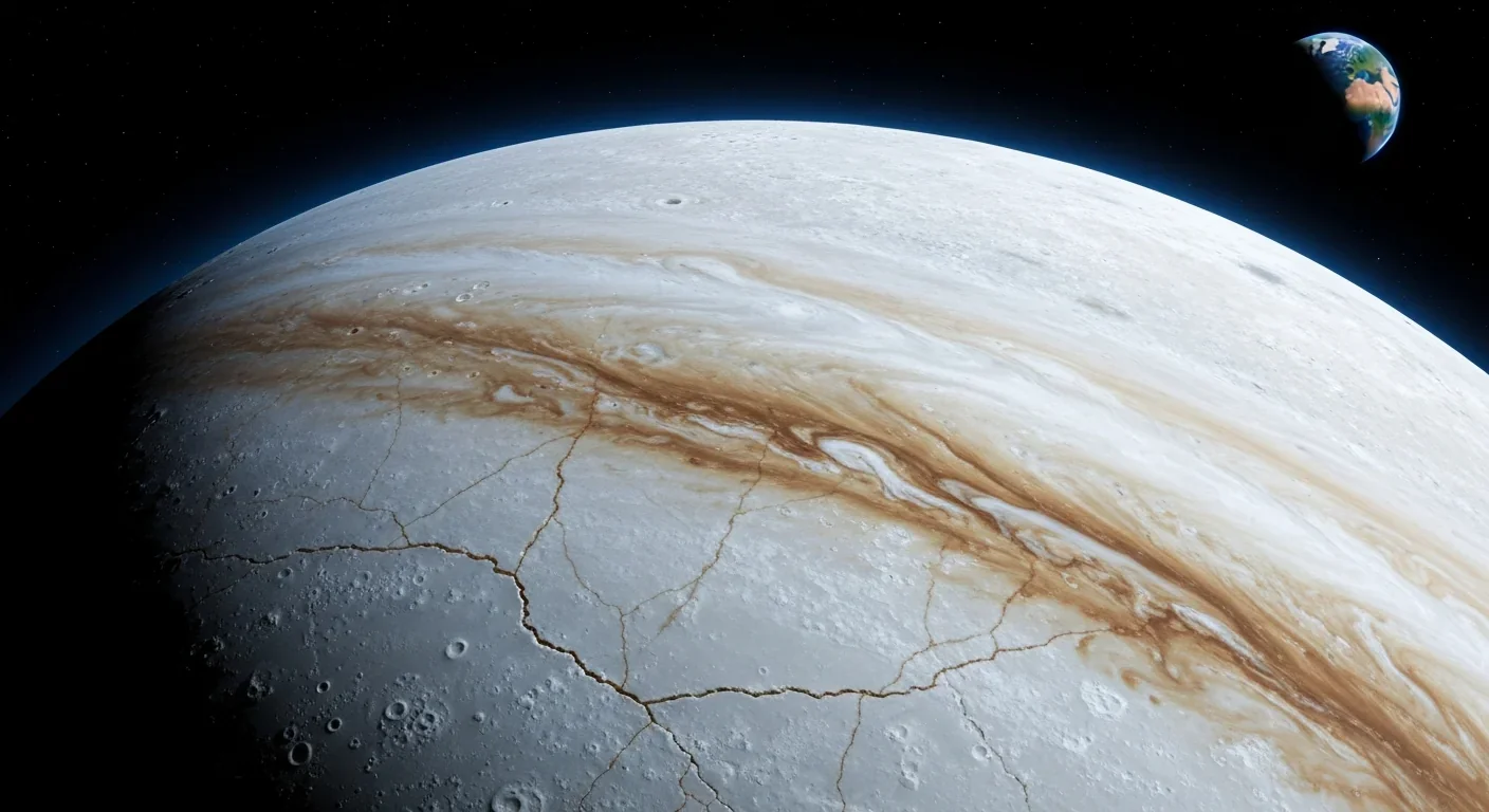 Jupiter's moon Europa showing ice-covered surface with features suggesting subsurface ocean potentially harboring life