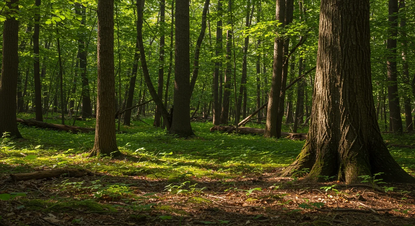 Mixed-age forest showing mature trees and young seedlings in natural woodland setting